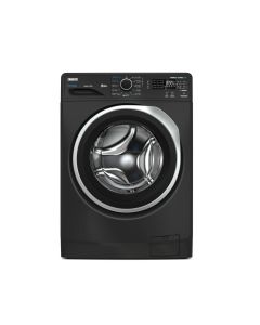 غسالة زانوسي بيرلا ماكس 8 كجم تحميل أمامي – رمادي داكن مع باب أسود وحلقة فضية